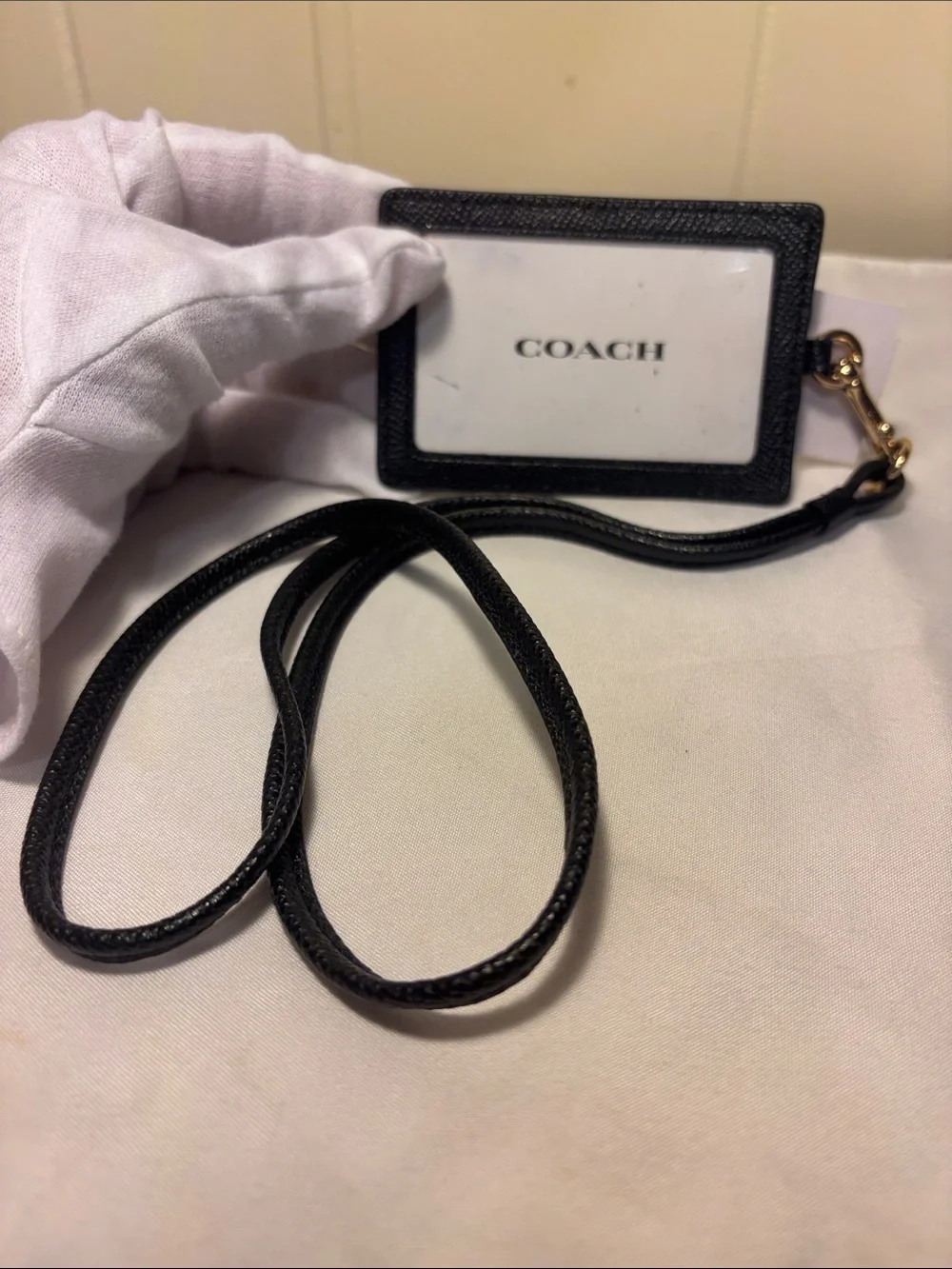 🏷️ NWT Coach ID Lanyard Badge Holder in Crossgrain Leather Black Gold
